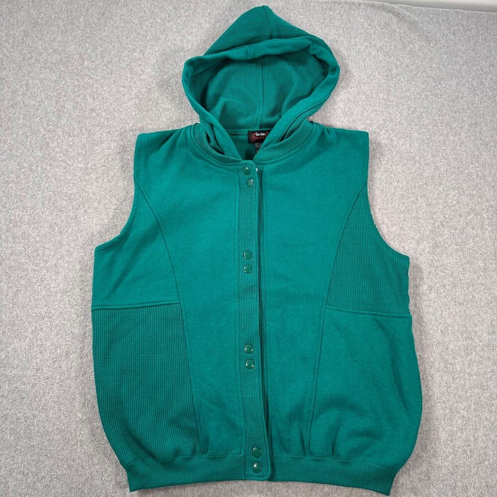 Vintage Lavon Sport Hooded Vest Men's Medium Green Snap Close Waffle Knit Sweats